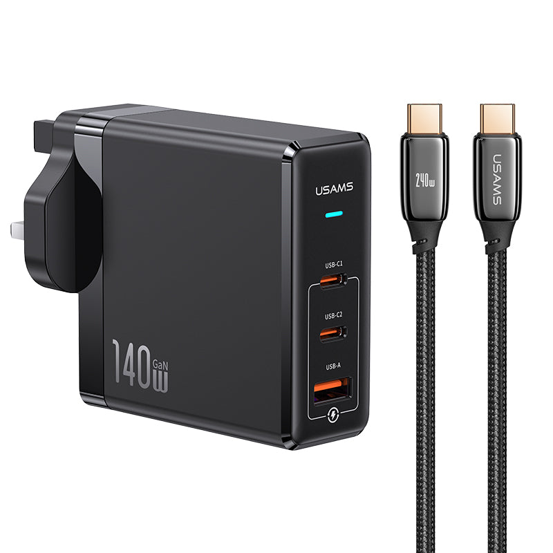 USAMS USAMS-UM Series Fast Charger Kit Dual USB-C USB-A 3 Ports 140W ACC GaN Fast Charger with 240W Type-C to Type-C Cable USAMS USAMS-UM Series Fast Charger Kit Dual USB-C USB-A 3 Ports 140W ACC GaN Fast Charger with 240W Type-C to Type-C Cable